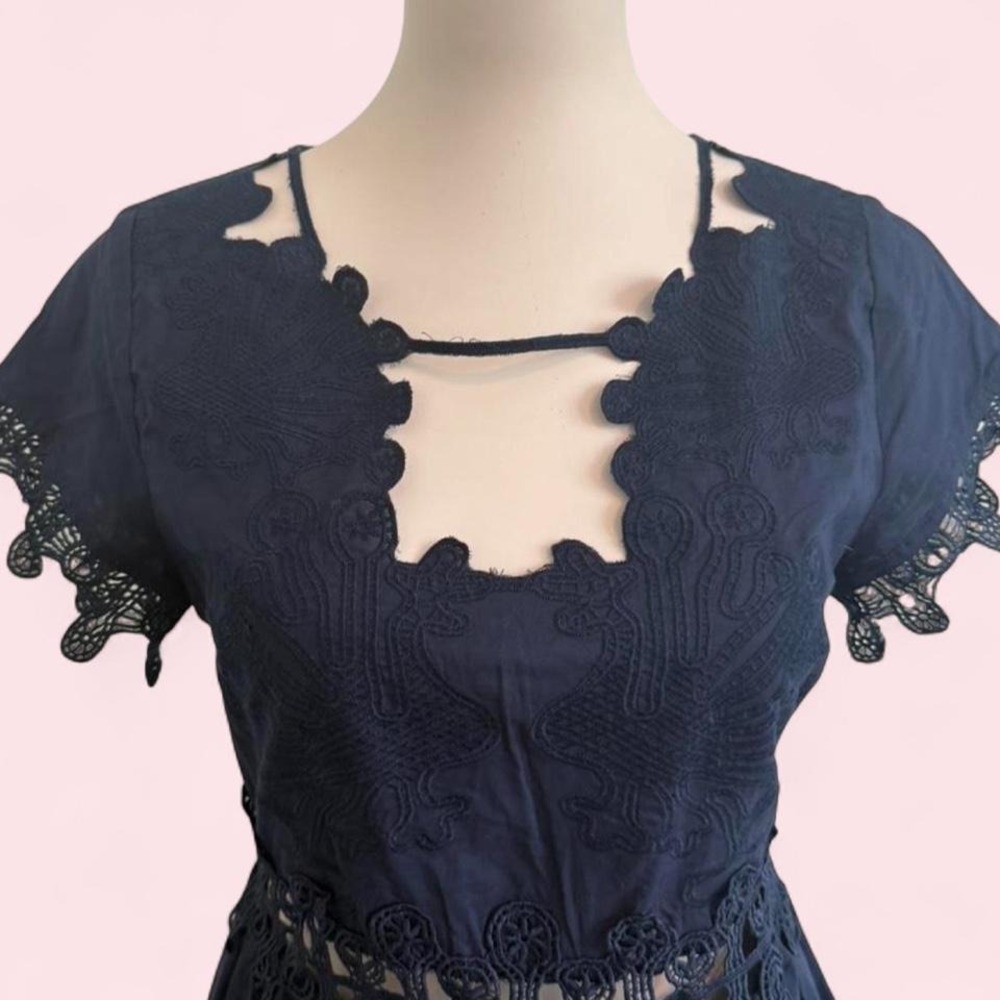 Whyte Eyelash Navy Lace Cutout Mini Dress — Size S